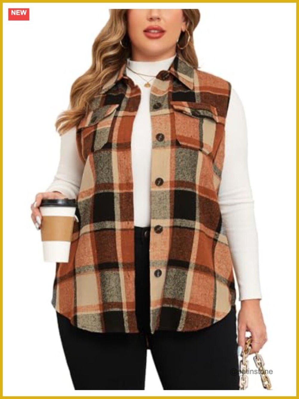 Plus Size Flannel Plaid Long Vest Sleeveless Button Down Shacket Fall Jacket